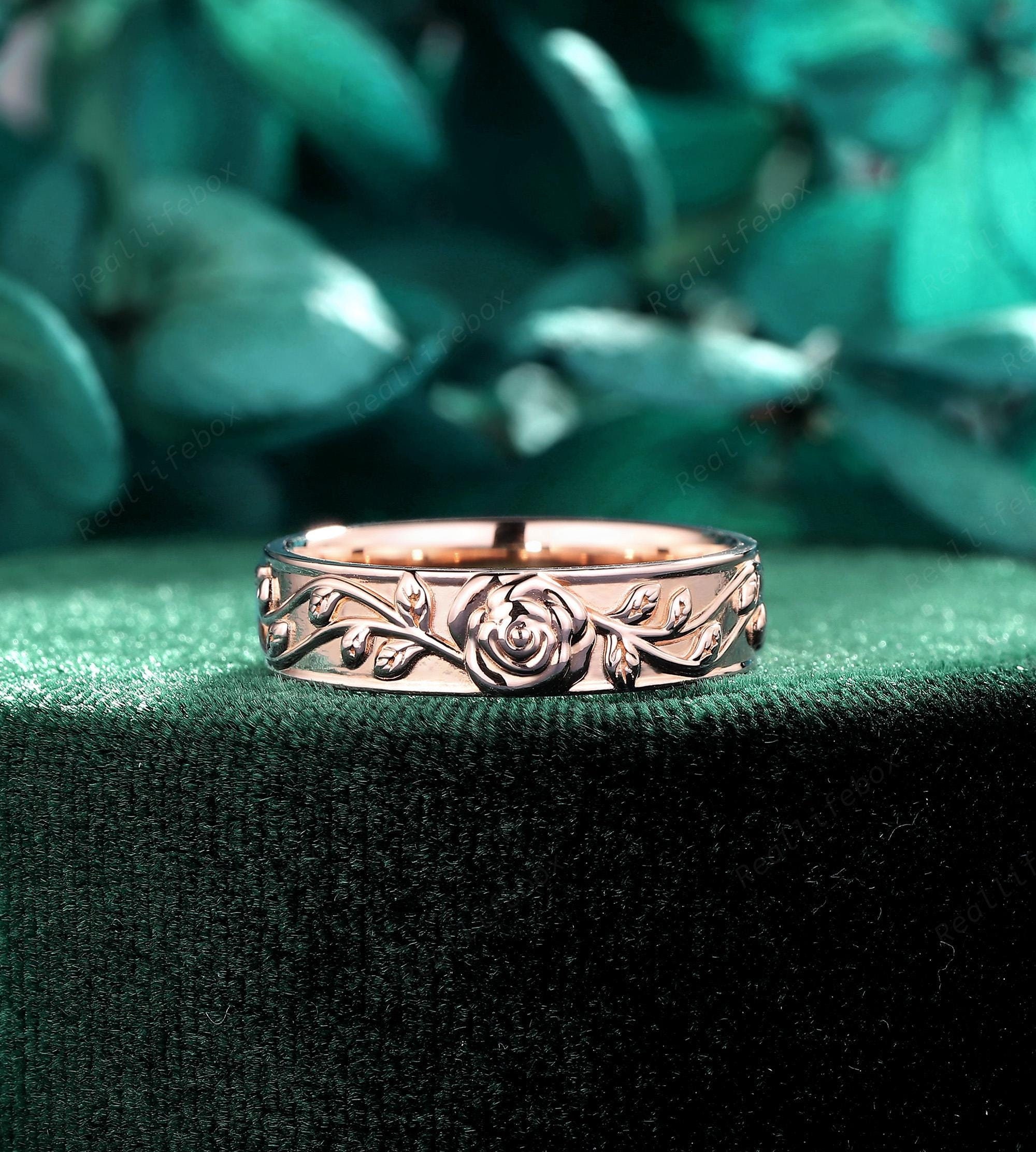 Rose June Birth Flower Men's Wedding Band Vintage 14K Rose Gold 5mm His Stacking Promise Band  Nature Inspired Engagement Band Gift for Him