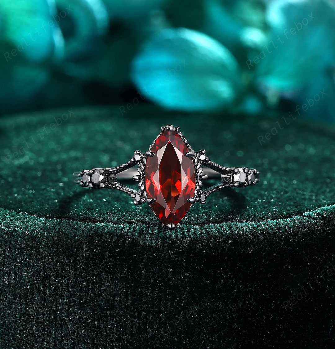 Unique Black Gold Marquise Cut Engagement Ring, Rhodium Black