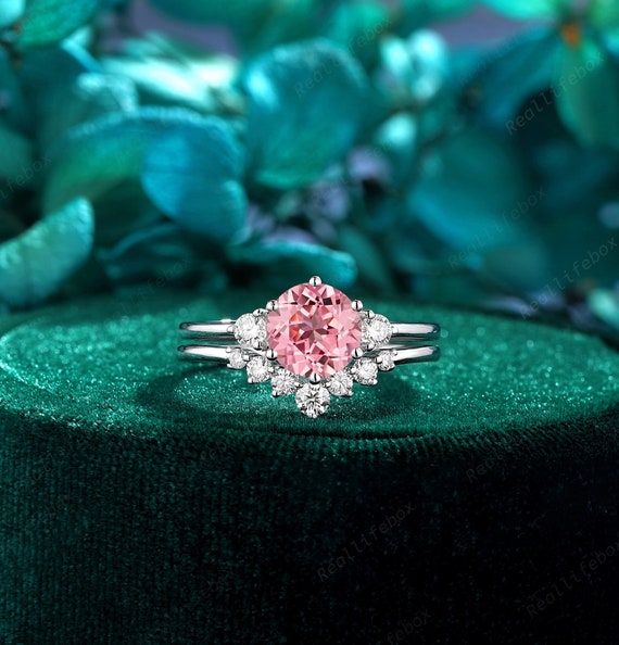 Round Shape Pink Sapphire Bridal Set, Three Stone Peach Sapphire - Main Image