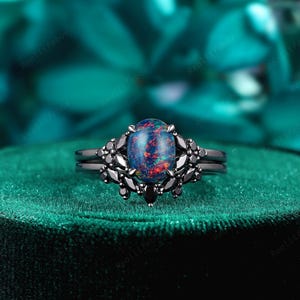 Gothic Black Gold Black Opal Engagement Ring Set, Rhodium Black October Birthstone Bridal Set, Vintage Multi Fire Opal Witchy Promise Ring