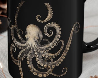 Vintage Octopus Mug  Nautical Retro Collection Black Mug 11oz