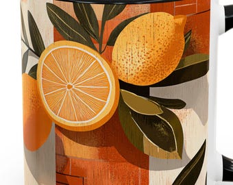 Boho Mug 1 of 4  Mediterranean Citrus & Tile Art  Lemon Pomegranate Coffee Mugs