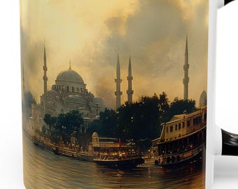 Taza de cerámica con el horizonte de Estambul, estilo pintura al óleo vintage