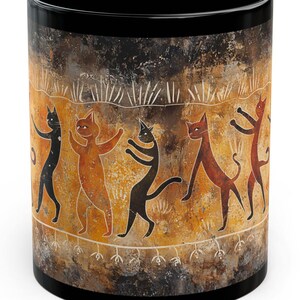 Ancient Dancing Cats Ceramic Mug  Tribal Style Feline Art Black Mug (11oz)