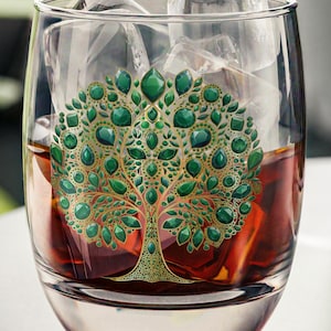 Tree of Life Whiskey Glass with Emerald Stones: Unique Barware Gift