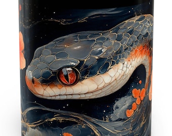 May include: Black coffee mug with a colorful illustration of a snake with an orange eye on a dark blue background with gold accents.