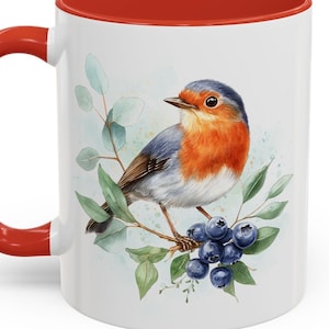 Ceramic Mug with Robin and Blueberries Watercolor Art, Accent Coffee Mug (11, 15oz)