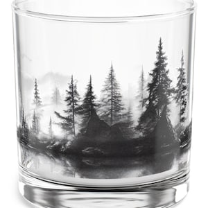 Mountain Landscape Rocks Glass: Cabin Decor Whiskey Glass (10oz)