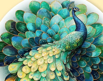 Assiette décorative paon, 25 cm (10 po.) Assiette murale artistique en polymère, plumes vives