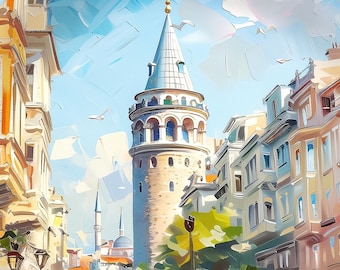 Op de afbeelding: Een schilderij van een straatbeeld in Istanbul, Turkije. De Galatatoren is het middelpunt van de afbeelding, met kleurrijke gebouwen die de straat flankeren. De lucht is helderblauw met witte wolken.