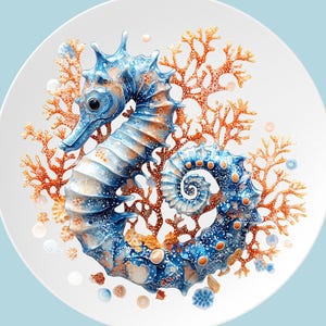 Puede incluir: Un caballito de mar azul y blanco con coral naranja y perlas blancas en un plato blanco.
