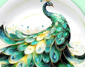 Assiette décorative paon 25 cm (10 po.) Assiette murale artistique en polymère, plumes vives
