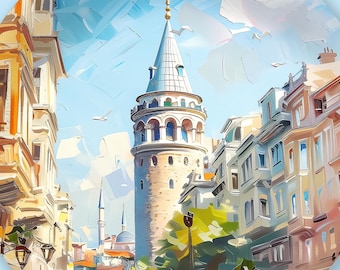 Op de afbeelding: Een schilderij van een straatbeeld in Istanbul, Turkije. De Galatatoren is het middelpunt van de afbeelding, met kleurrijke gebouwen die de straat flankeren. De lucht is helderblauw met witte wolken.