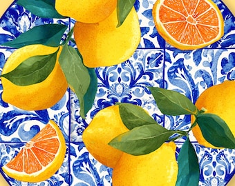 Limonchello Deco Dinner Plate 10&quot; – Mediterranean Lemon & Blue Tile Design