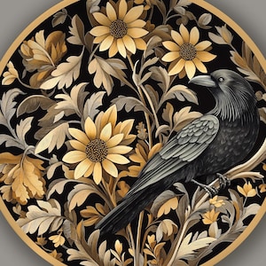 Decorative Plate with Crow and Floral Design - Elegant Black and Gold Art