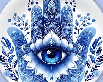 May include: A blue and white hamsa hand with an eye in the center, surrounded by floral designs. The hamsa is a symbol of protection and good luck.
