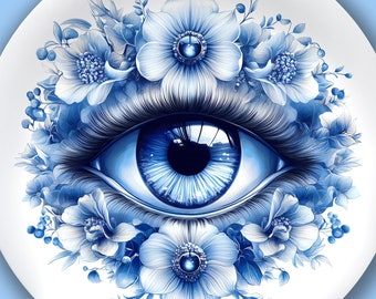May include: A blue eye with long eyelashes surrounded by white and blue flowers on a white background.