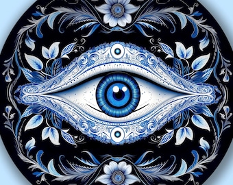 May include: A blue eye with white and blue floral designs on a black background. The eye is surrounded by a circle of white and blue flowers.