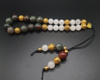 African Bloodstone, Snow Quartz, and Gold Filigree Komboloi - Greek Worry Beads