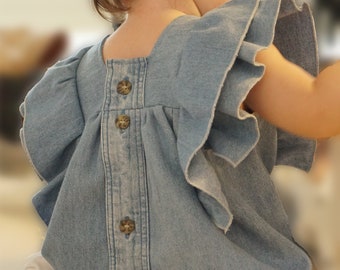 Playful Jeans Blouse With Frills for Girls Made of Upcycled Cotton