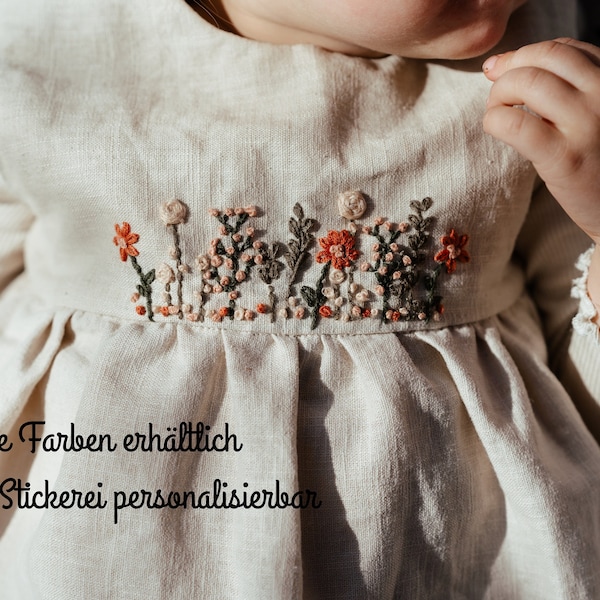 Kleid Mädchen Festlich Leinenkleid Kleid bestickt Blumen personalisiert Baby Geschenk Handmade Kleid Blumenstreuen Blumenmädchen