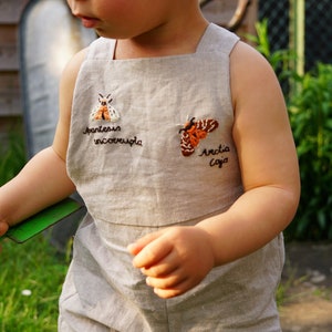 Dungarees baby embroidered short linen overalls for children pants linen customizable gift baby shower handmade birthday gift parents