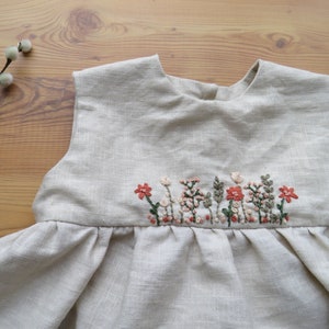 Linen summer dress hand-embroidered with flowers for little flower girls image 5