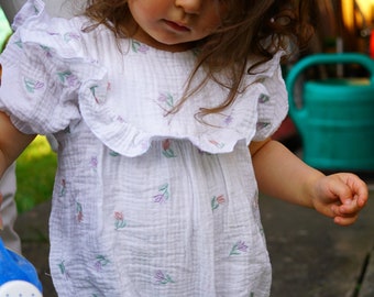 Geschenk Geburt Mädchen Bestickter Musselin Romper Sommerkleidung Baby Handmade Babyparty Geschenk Stickerei Body Rüschen Puffärmel