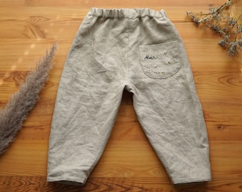 Casual Beige Linen Trousers for Babys and Children Unisex with hand embroidered back pocket