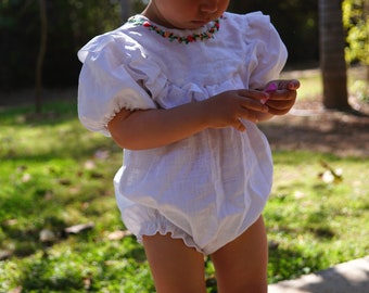 Bubble Romper made of hand-embroidered linen with short puff sleeves and ruffles Summer outfit for little girls