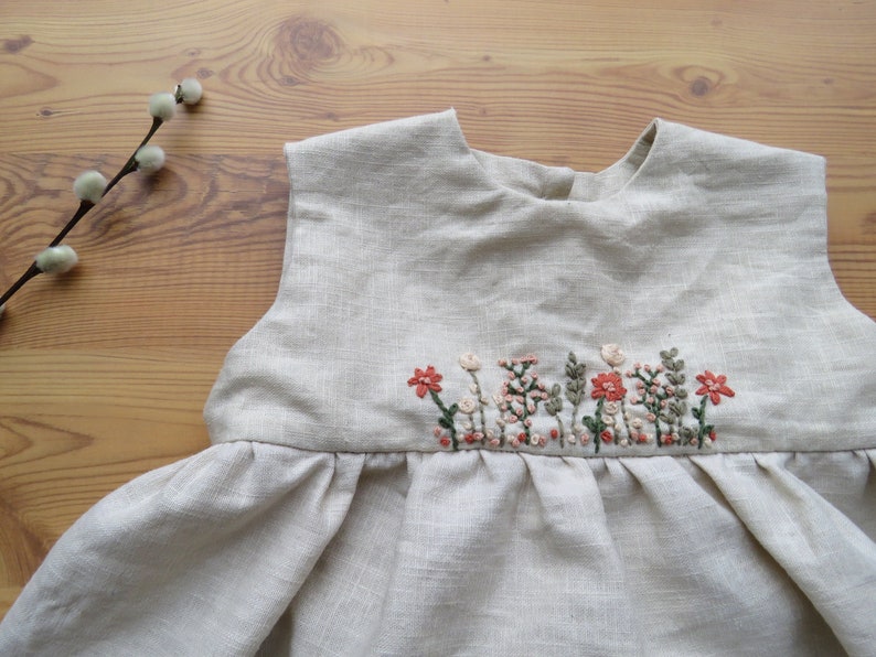 Linen summer dress hand-embroidered with flowers for little flower girls image 5