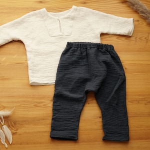 Boho style muslin shirt and muslin pants set for newborns, babies and toddlers