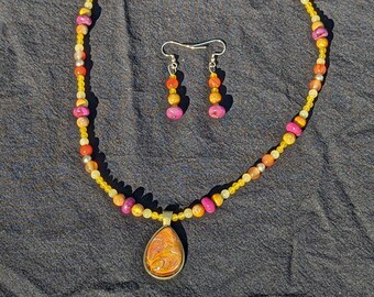 For Your Sunshine - Parure de bijoux en pierres précieuses peintes à la main, pendentif en forme de larme, jade aux agrumes, agate rouge, jaspe, rempli d'or