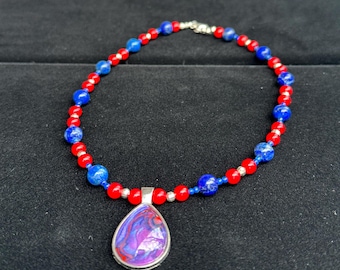 OOAK- Perfectly Patriotic Jewelry Set- Red, Blue and Silver- Lapis and Coral Necklace Earring 925 Sterling Silver