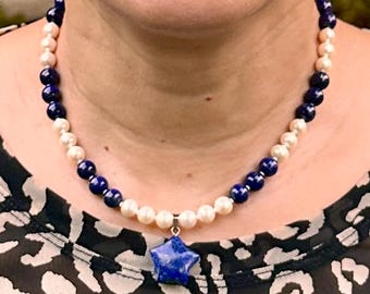 Cadeau d'anniversaire de juin - Collier en argent sterling 925 avec perles royales et lapis lazuli et pendentif étoile en pierres précieuses