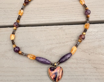OOAK - Ensemble de colliers coeur pour votre amour OOAK - améthyste, quartz fumé, lépidolite, citrine