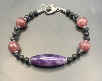 OOAK - Gifts that ROCK - Cadeau emo - Bracelet en argent sterling lépidolite et pierre de lave - Cadeau pour les adolescents, les filles ou les hommes.