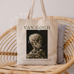 Van Gogh Tote Bag, Kopf eines Skeletts mit einer brennenden Zigarette Tote Bag, Einkaufstasche Van Gogh, Geschenk für Kunstliebhaber, Canvas-Einkaufstasche, Kunstmuseum Tote