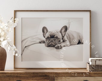 French Bulldog Sketch | Frenchie Sleeping | Vintage Dog Art | Dog Sketch | Animal Art Print | Dog Art | Cat Prints Wall Art | Wall Decor