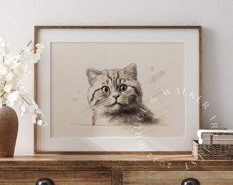 Schotse vouwkat | Kattentekening | Vintage kattenkunst | Kat schets afdrukken | Dierlijke kunstprint | Kattenkunst | Kat wordt afgedrukt kunst aan de muur | Wanddecoratie kinderkamer