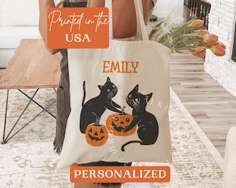 Personalized Halloween Bag, Custom Name Halloween Tote Bag, Black Cat Tote Bag, Halloween Bags, Kids Halloween Tote Bag, Ghosts Tote