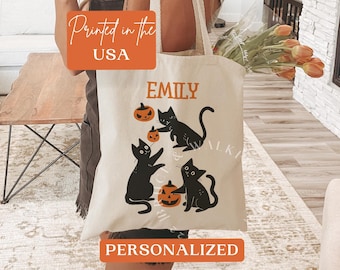 Personalized Halloween Bag, Custom Name Halloween Tote Bag, Black Cat Tote Bag, Halloween Bags, Kids Halloween Tote Bag, Ghosts Tote