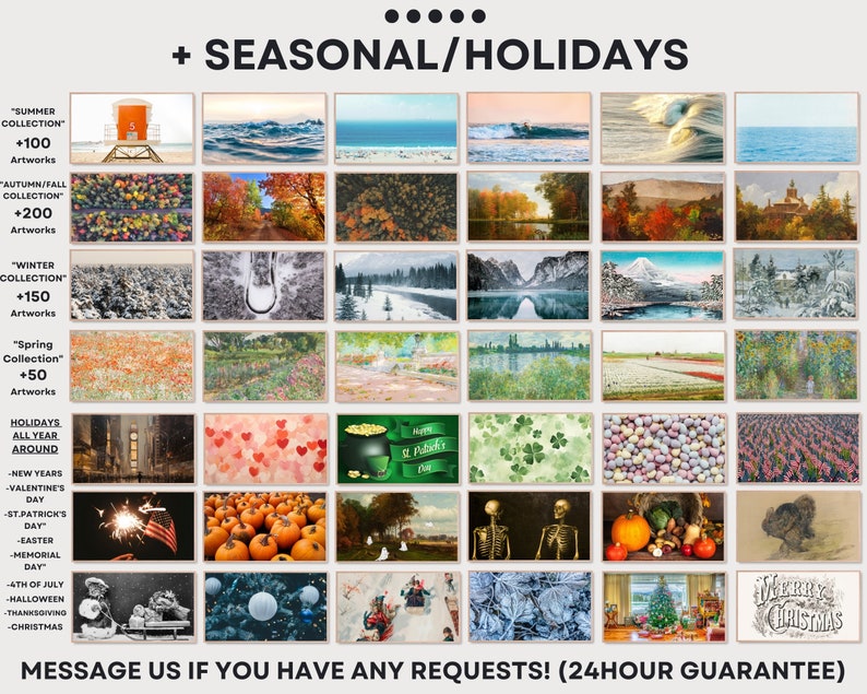 May include: A collage of images representing different seasons and holidays. The images include summer beach scenes, autumn foliage, winter snow scenes, spring flowers, and various holidays like Valentine's Day, St. Patrick's Day, Easter, Memorial Day, 4th of July, Halloween, Thanksgiving, and Christmas.