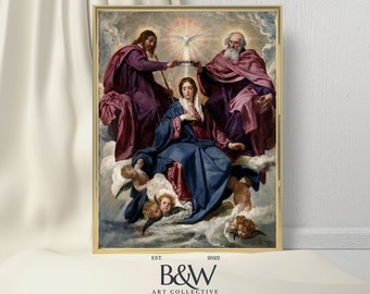 May include: A painting depicting the Coronation of the Virgin Mary. The Virgin Mary is seated on a throne, surrounded by clouds and angels. God the Father and God the Son are above her, crowning her with a wreath of flowers. The painting is in a gold frame.