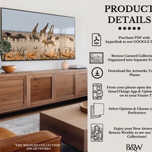 May include: A television screen displaying a photograph of a group of giraffes and other animals in a savanna landscape. The television is mounted on a wooden entertainment center with four drawers. The text "THE WILDLIFE COLLECTION +100 ARTWORKS" is visible at the bottom of the image.