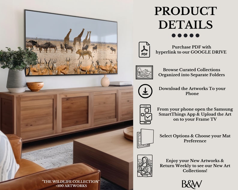 May include: A television screen displaying a photograph of a group of giraffes and other animals in a savanna landscape. The television is mounted on a wooden entertainment center with four drawers. The text "THE WILDLIFE COLLECTION +100 ARTWORKS" is visible at the bottom of the image.