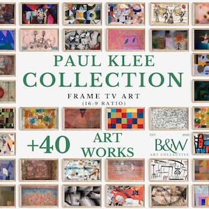 May include: A collage of over 40 framed artworks by Paul Klee, featuring abstract and geometric designs in vibrant colors. The text "PAUL KLEE COLLECTION" and "FRAME TV ART (16:9 RATIO)" is displayed in green text. The text "ART +40 WORKS" is displayed in green text. The text "EST. 2022 B&W ART COLLECTIVE" is displayed in black and white text.