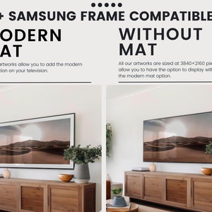 May include: Image demonstrating artwork display options for a Samsung Frame TV, with and without a modern mat. Text includes "+ SAMSUNG FRAME COMPATIBLE", "MODERN MAT", and "WITHOUT MAT". The artwork is sized at 3840x2160 pixels.