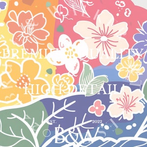 May include: A colorful abstract floral design with white outlines. The design features flowers in shades of pink, yellow, blue, and purple. The text "PREMIUM QUALITY HIGH DETAIL EST. 2022 B&W" is visible in the image.