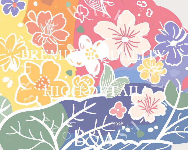 May include: A colorful abstract floral design with white outlines. The design features flowers in shades of pink, yellow, blue, and purple. The text "PREMIUM QUALITY HIGH DETAIL EST. 2022 B&W" is visible in the image.